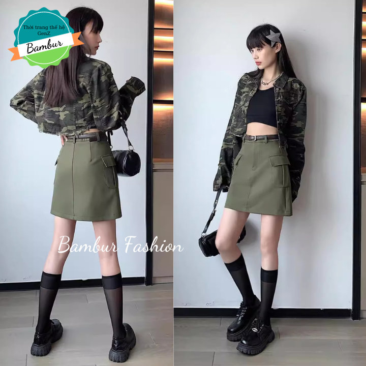 Chân váy kaki dáng chữ a ngắn lưng cao ôm body túi nắp hộp 2 bên thời trang Bambur phong cách Hàn Quốc