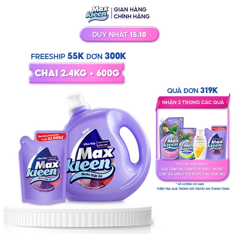 Nước giặt xả Maxkleen Hương Nước Hoa Huyền Diệu: 1 Chai 2.4kg + 1 Túi 600g