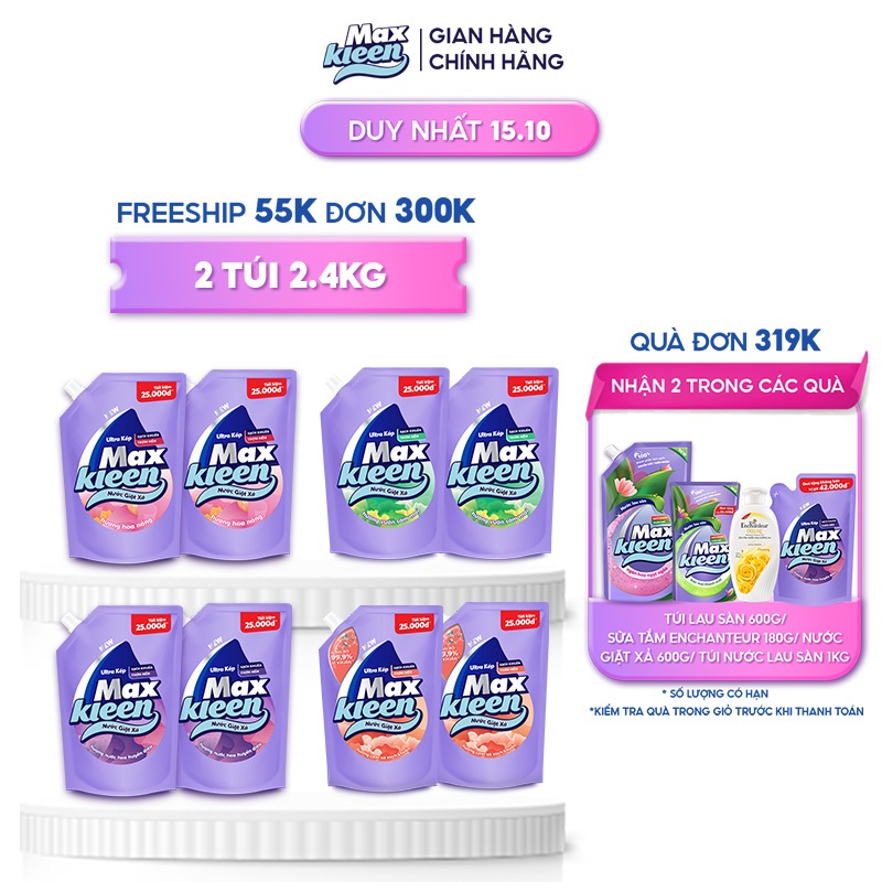 Combo 2 túi nước giặt xả Maxkleen 2.4kg/ túi Hương Huyền Diệu