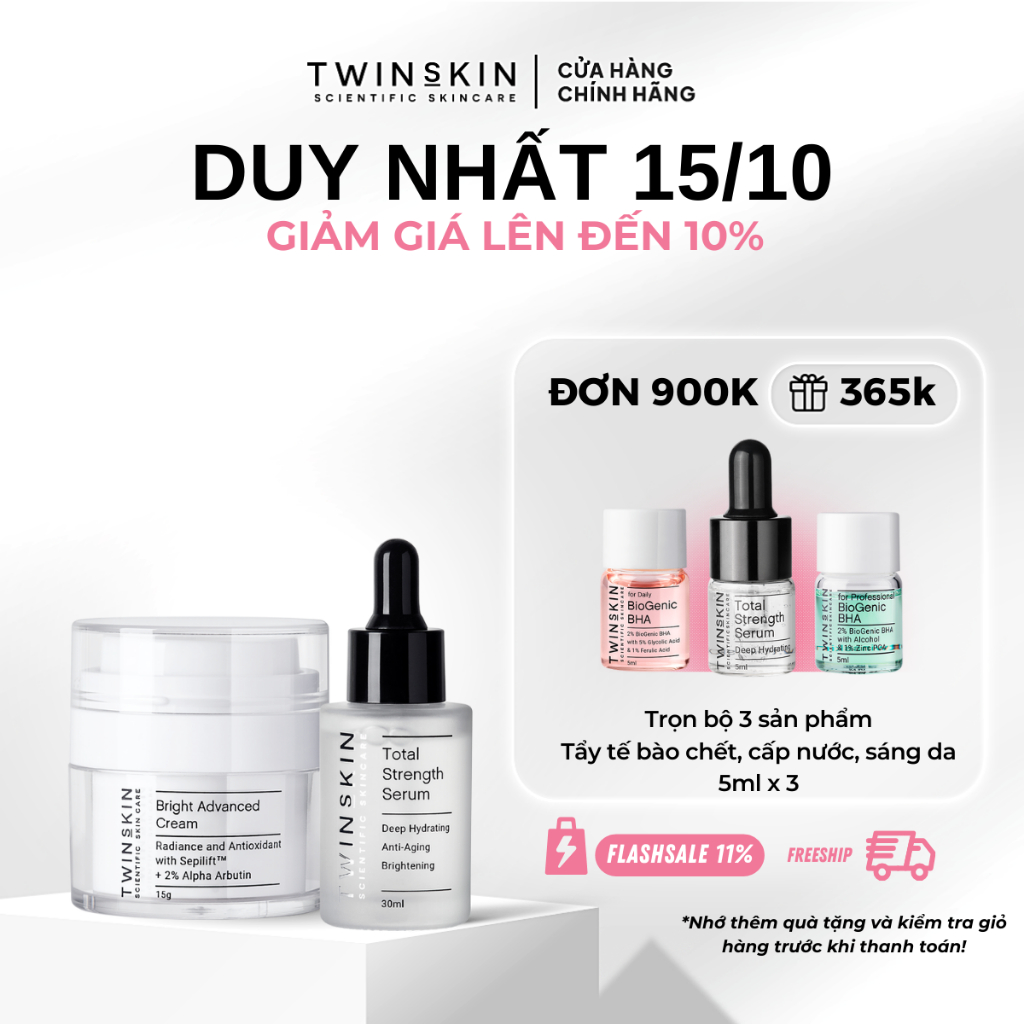 [PRO-TỐI ƯU] Combo chuyên sâu: Sáng đều màu da, cấp nước phục hồi, Kem Bright Advanced 15ml & Serum HA 30ml Twins Skin