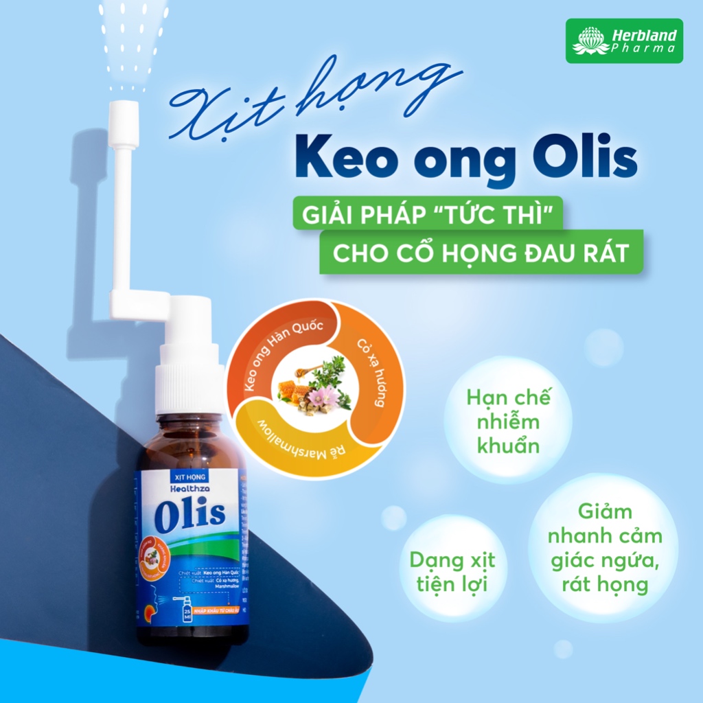 Xịt họng Herbland Pharma Healthza OLIS cho Bé Giúp Giảm Ho, Dịu Mát Họng, Hô Hấp Khỏe Lọ 25ml