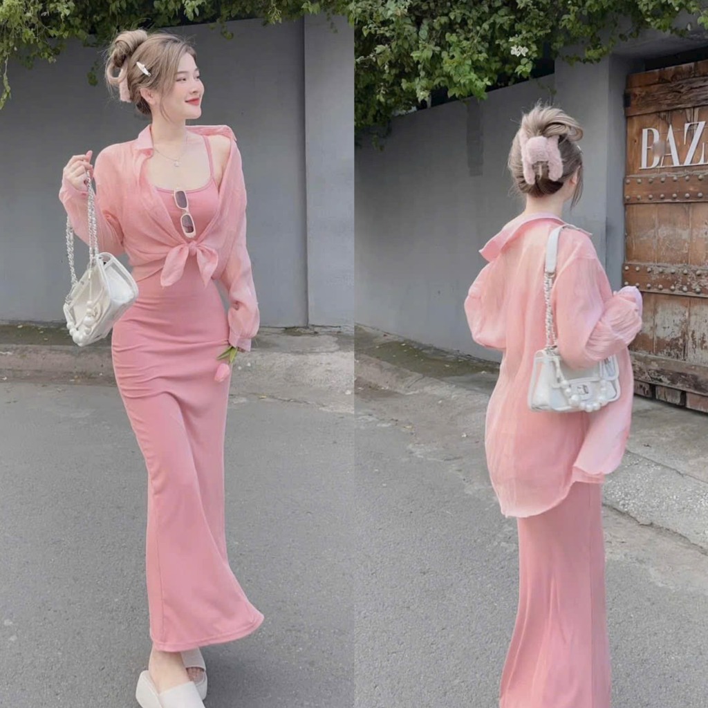 Set đầm nữ body đuôi cá 2 dây ( có mút ) kèm áo khoác sơ mi tơ xốp cài nút cùng tone hồng xinh xắn đi dự tiệc, đi biển