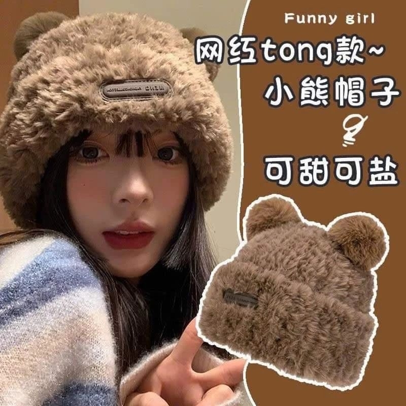 Mũ Len Nữ Trùm Đầu Lông Thỏ