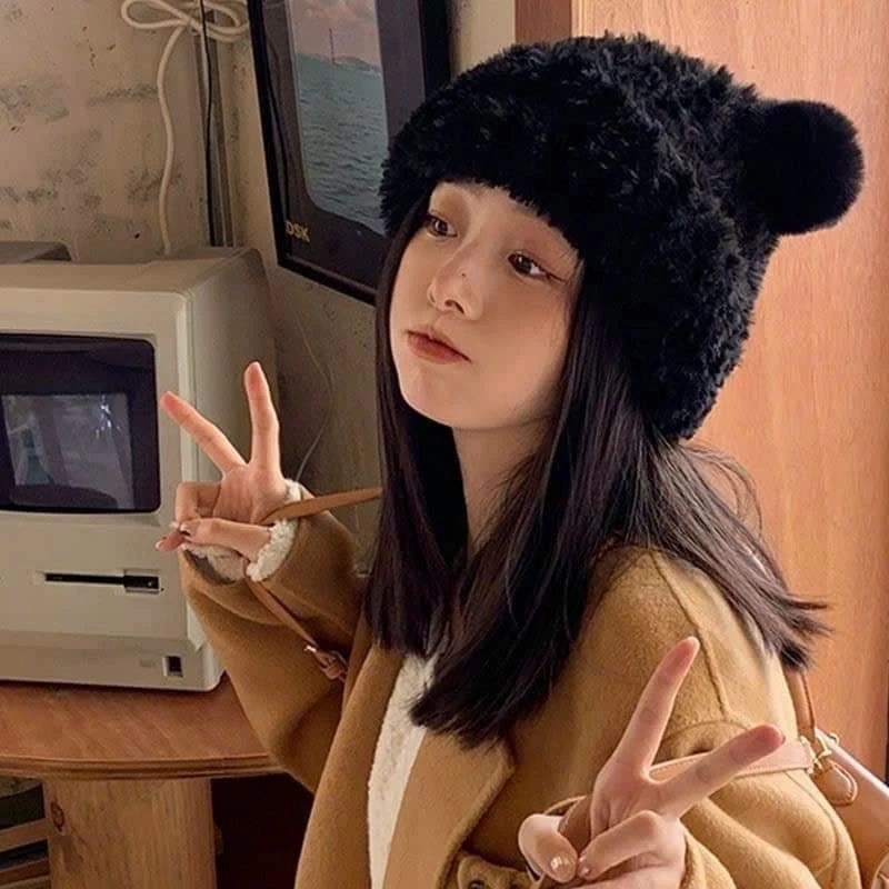 Mũ Len Nữ Trùm Đầu Lông Thỏ