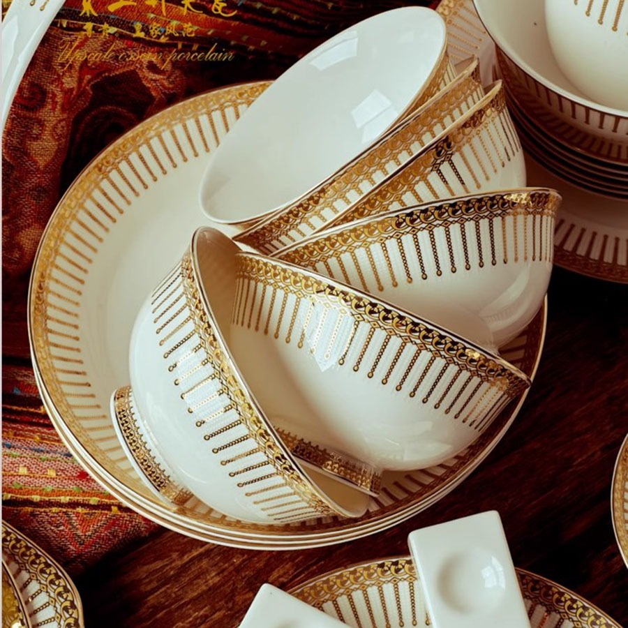 Set Bát Đĩa Sứ Xương Hoạ Tiết Kẻ Sọc 60 Chi Tiết Cao Cấp