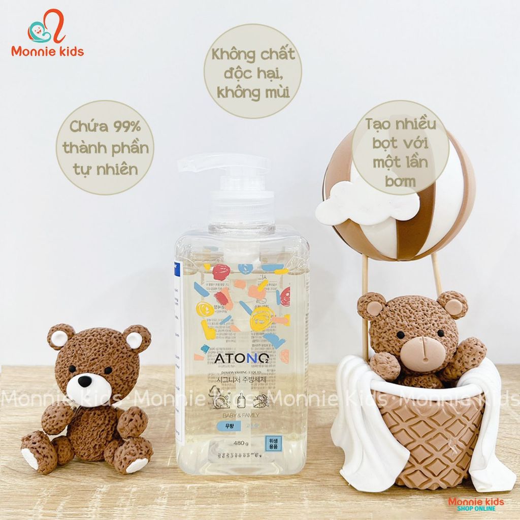 Gel rửa bình sữa thuần chay ATONO2 cho bé 0m+, nước rửa đa năng tạo bọt 480g - Monnie Kids