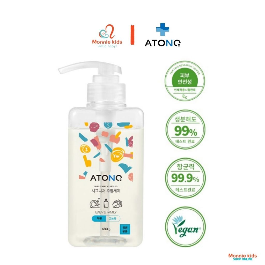 Gel rửa bình sữa thuần chay ATONO2 cho bé 0m+, nước rửa đa năng tạo bọt 480g - Monnie Kids