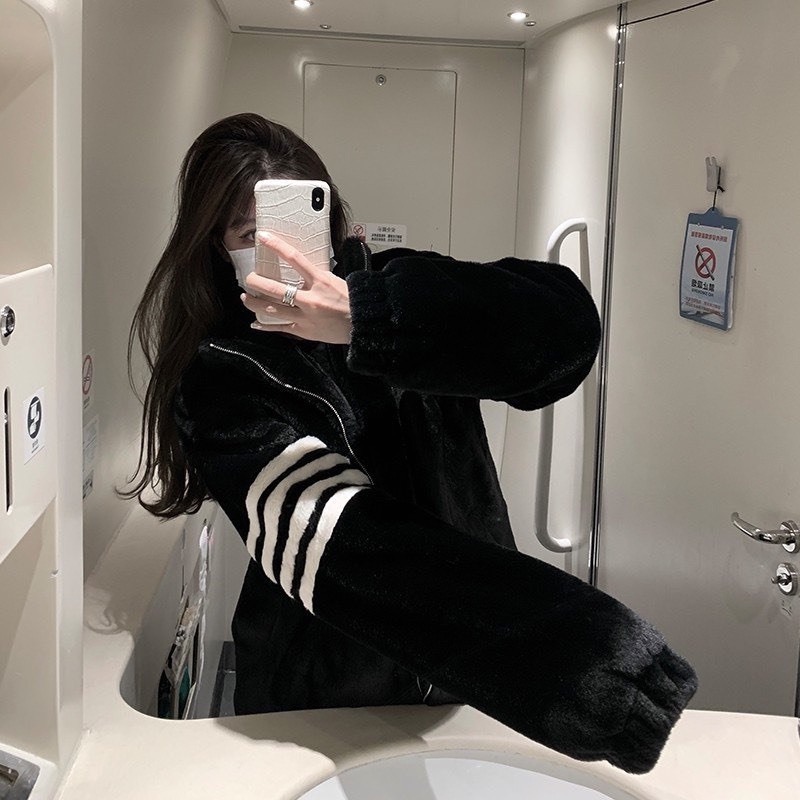 Áo Khoác Lông Cừu Sọc Tay Nam Nữ Hàn Quốc Ulzzang Dày Ấm Áp Bất Chấp Rét Đại Hàn