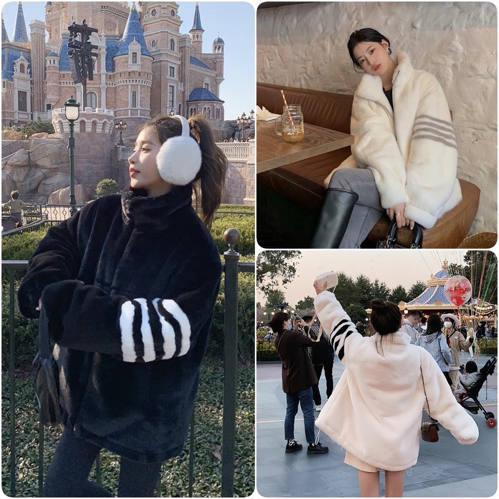 Áo Khoác Lông Cừu Sọc Tay Nam Nữ Hàn Quốc Ulzzang Dày Ấm Áp Bất Chấp Rét Đại Hàn