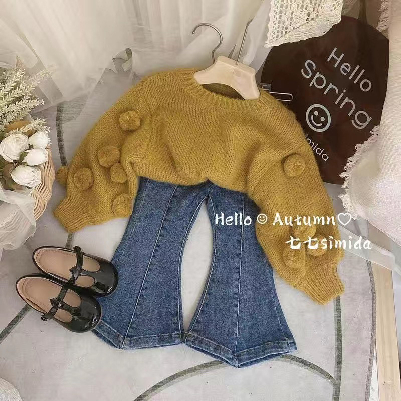 Set quần jean ống loe và áo len dài tay cho bé gái phong cách hàn quốc, set đồ cho bé gái
