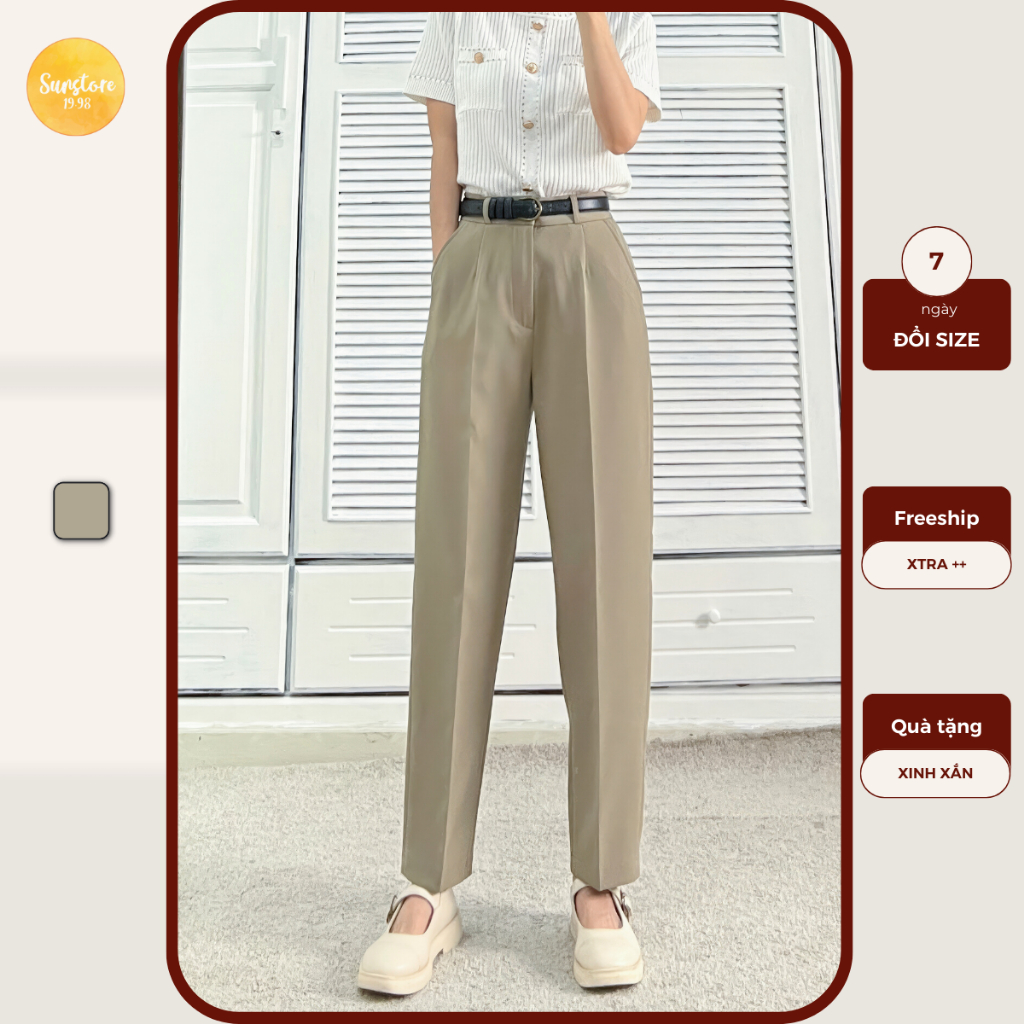 Quần baggy nữ cạp cao vải cao cấp công sở dáng chuẩn đi học đi làm màu rêu Q050 - Sunstore