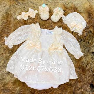 Set ren kem cổ vuông, set đồ đầy tháng thôi nôi cho bé, chất ren mềm, cho bé gái, trẻ sơ sinh