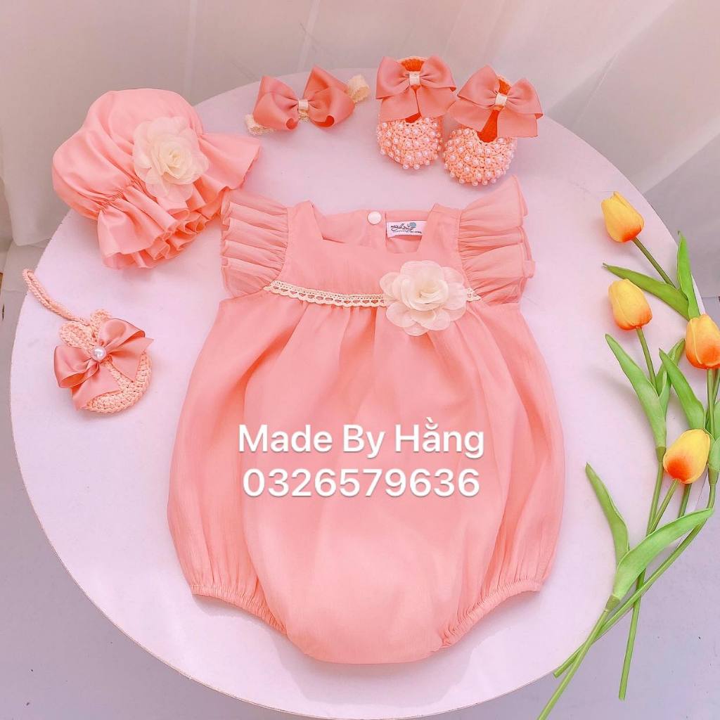 Body suit bé gái từ 3-11kg, Body tơ rập phối hoa kem