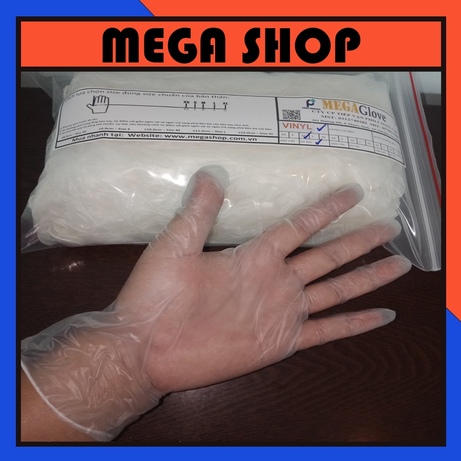 Bao tay PVC Vinyl nhãn hiệu MEGAGLOVE size S/M/L/XL, chuyên thực phẩm , spa , nails, phòng sạch .