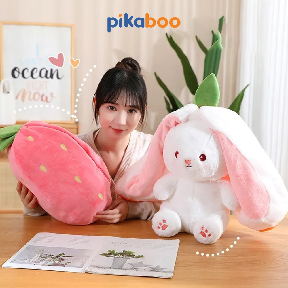 Gấu nhồi bông tai dài 2 trong 1 Pikaboo-Thỏ bông cosplay trái dâu và cà rốt đáng yêu, chất liệu cao cấp an toàn cho bé