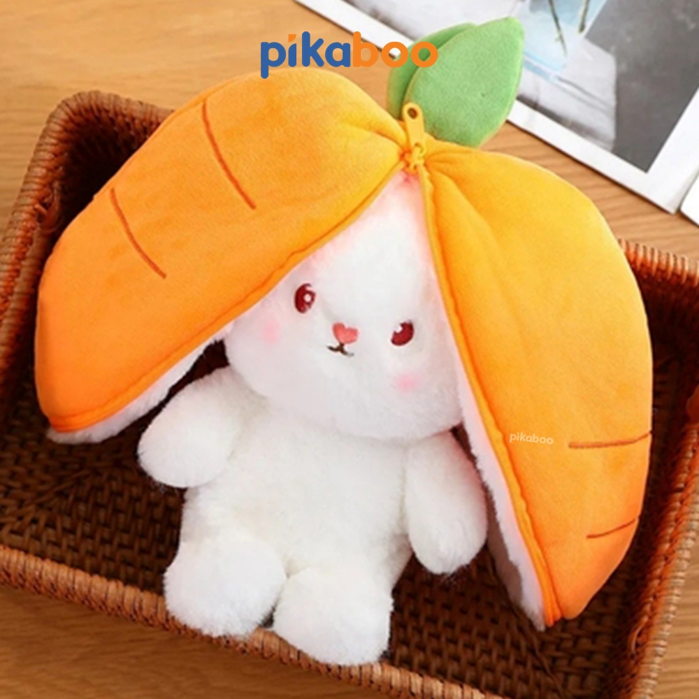 Gấu nhồi bông tai dài 2 trong 1 Pikaboo-Thỏ bông cosplay trái dâu và cà rốt đáng yêu, chất liệu cao cấp an toàn cho bé