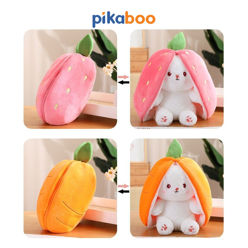 Gấu nhồi bông tai dài 2 trong 1 Pikaboo-Thỏ bông cosplay trái dâu và cà rốt đáng yêu, chất liệu cao cấp an toàn cho bé