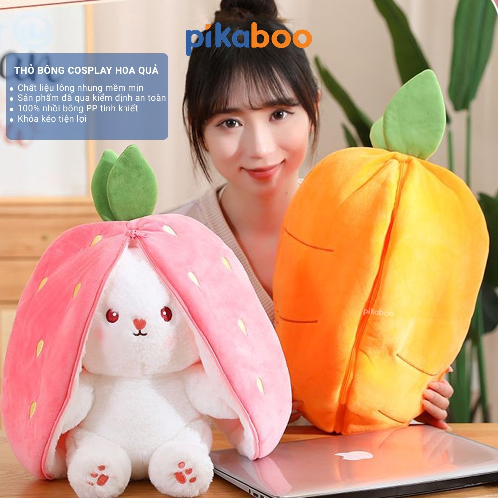 Gấu nhồi bông tai dài 2 trong 1 Pikaboo-Thỏ bông cosplay trái dâu và cà rốt đáng yêu, chất liệu cao cấp an toàn cho bé