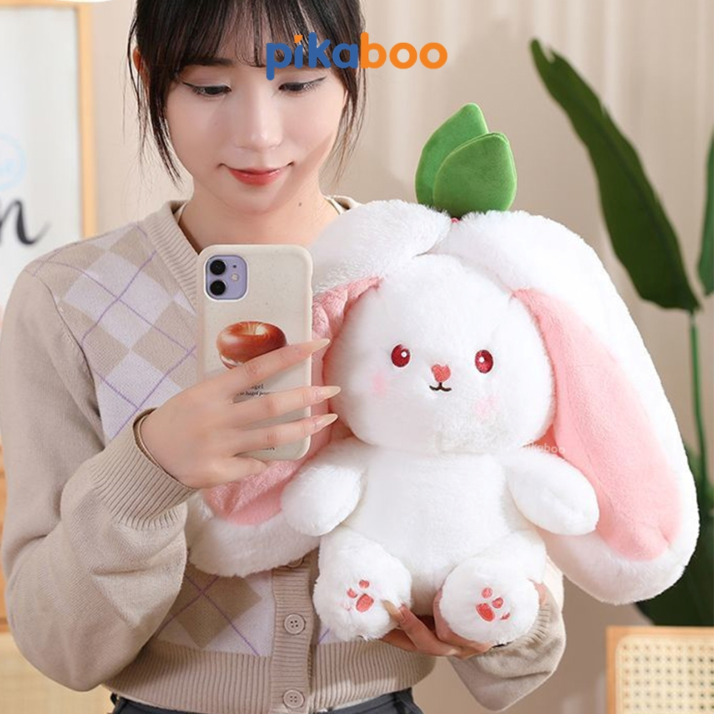 Gấu nhồi bông tai dài 2 trong 1 Pikaboo-Thỏ bông cosplay trái dâu và cà rốt đáng yêu, chất liệu cao cấp an toàn cho bé