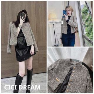 Áo khoác dạ tweed cổ trụ mùa đông sang trọng thanh lịch