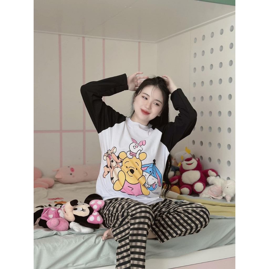 Set Bộ Gấu Áo Cotton Dài Tay Phối Màu Mix Quần Suông Kẻ Len