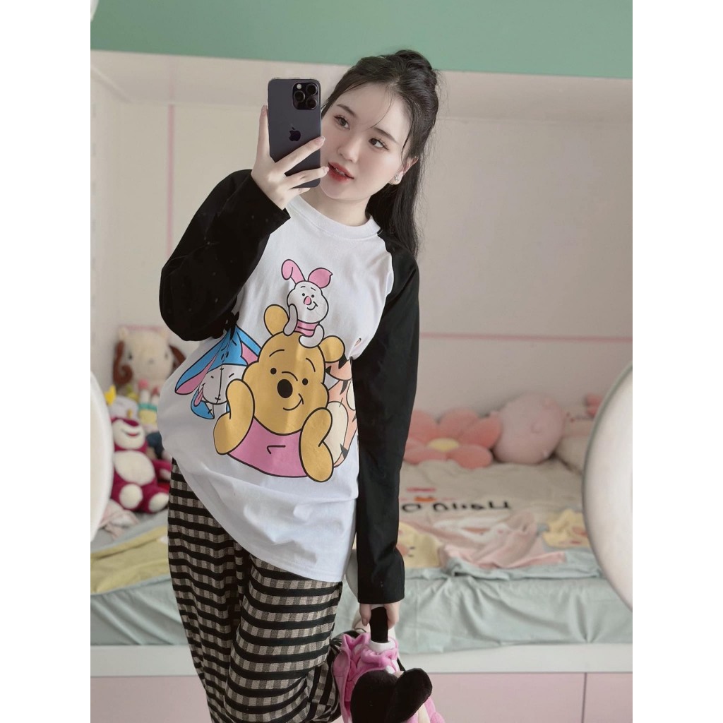Set Bộ Gấu Áo Cotton Dài Tay Phối Màu Mix Quần Suông Kẻ Len