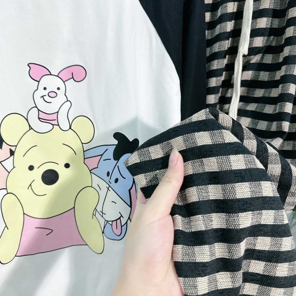 Set Bộ Gấu Áo Cotton Dài Tay Phối Màu Mix Quần Suông Kẻ Len