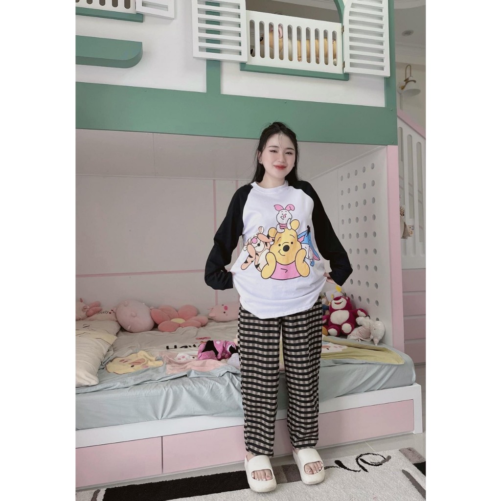 Set Bộ Gấu Áo Cotton Dài Tay Phối Màu Mix Quần Suông Kẻ Len