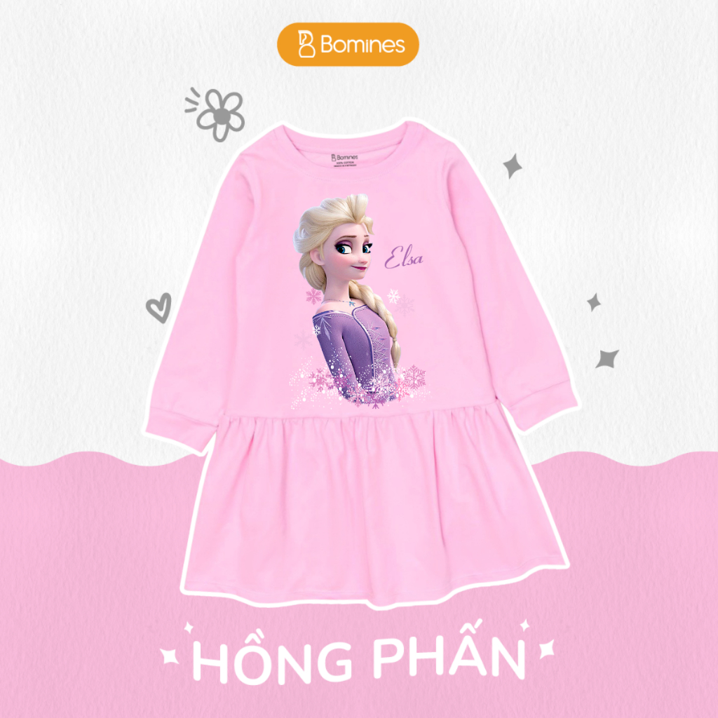 Váy bé gái mùa thu tay dài Elsa Bomines, đầm thun cotton mềm mịn cho bé từ 3- 12 tuổi khoảng 12- 36kg DTDELSATIM