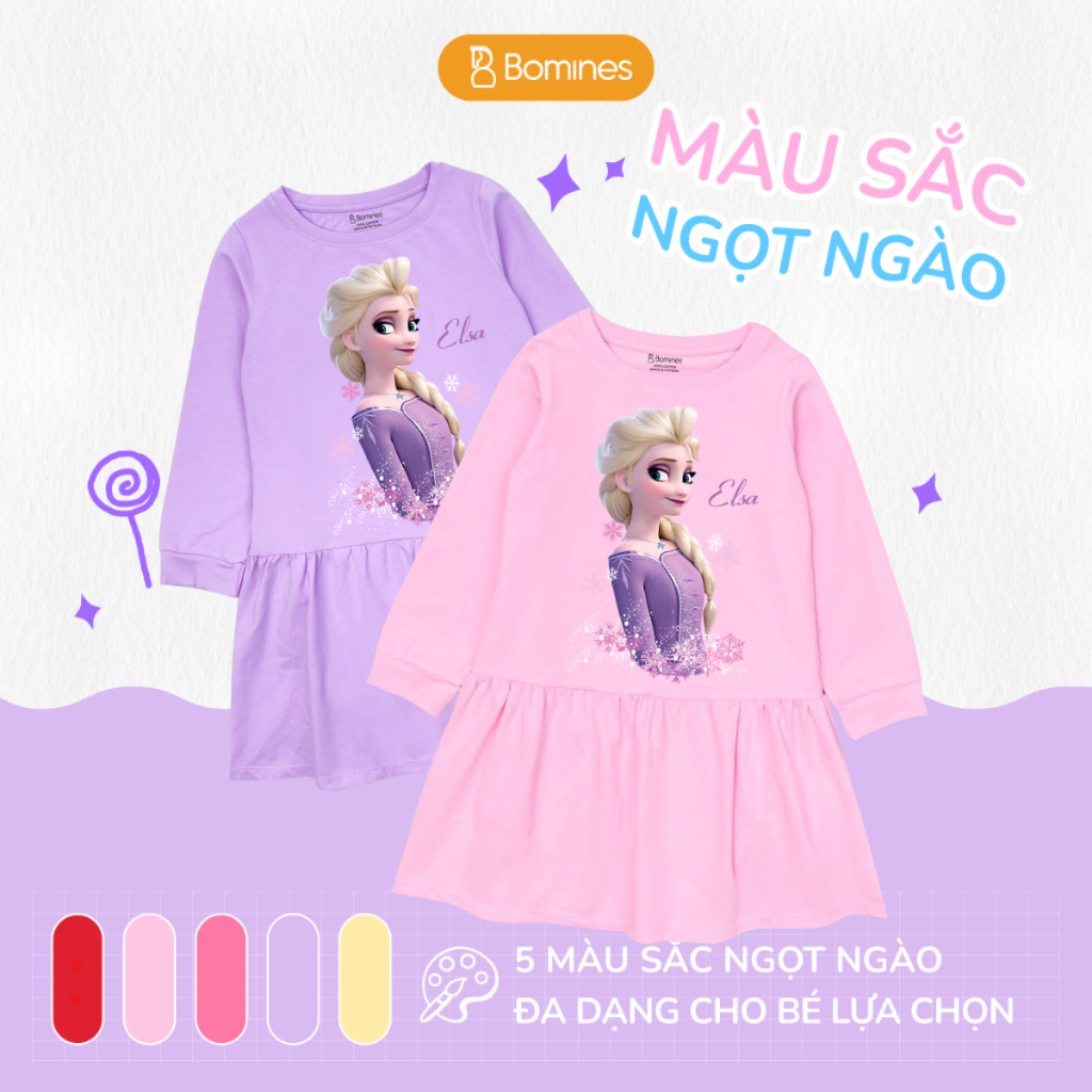 Váy bé gái mùa thu tay dài Elsa Bomines, đầm thun cotton mềm mịn cho bé từ 3- 12 tuổi khoảng 12- 36kg DTDELSATIM