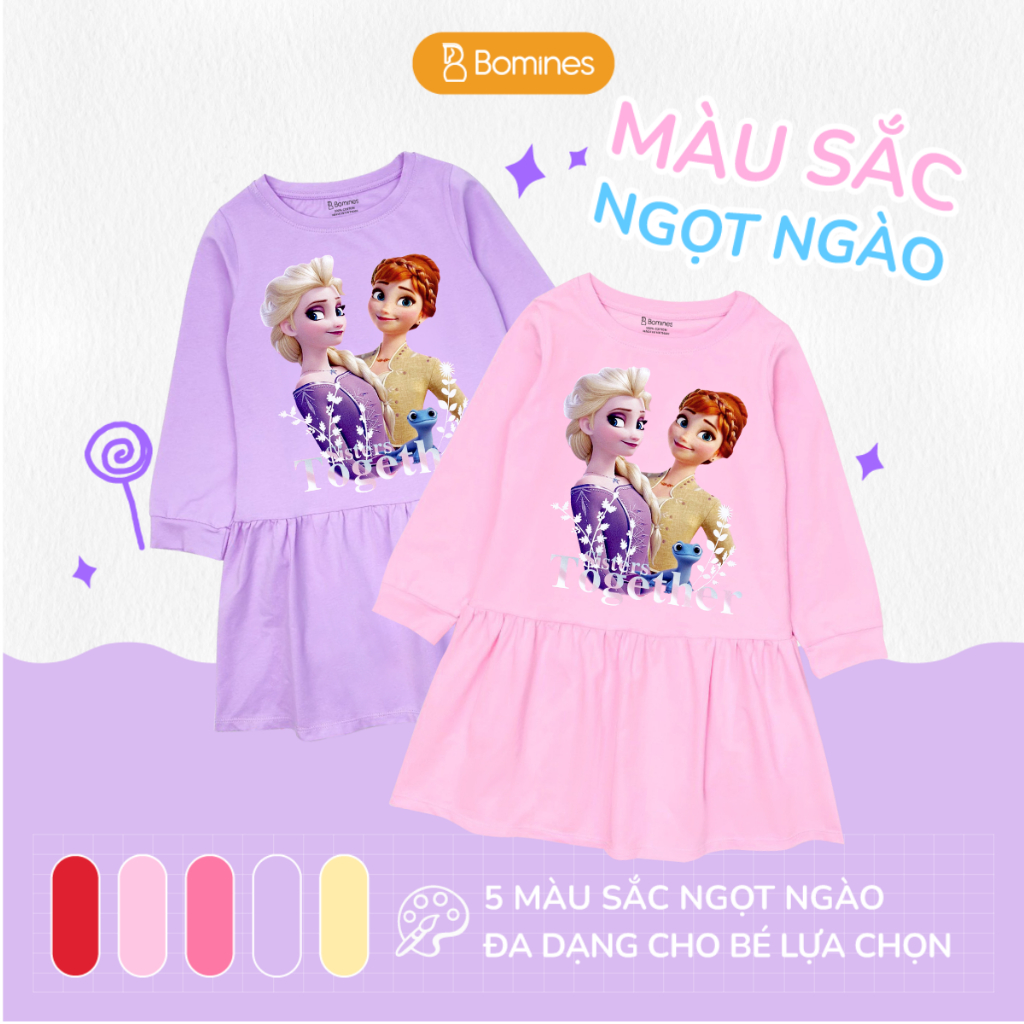 Váy bé gái mùa thu tay dài Elsa Bomines, đầm thun cotton mềm mịn cho bé từ 3- 12 tuổi khoảng 12- 36kg DTDELSAANNA