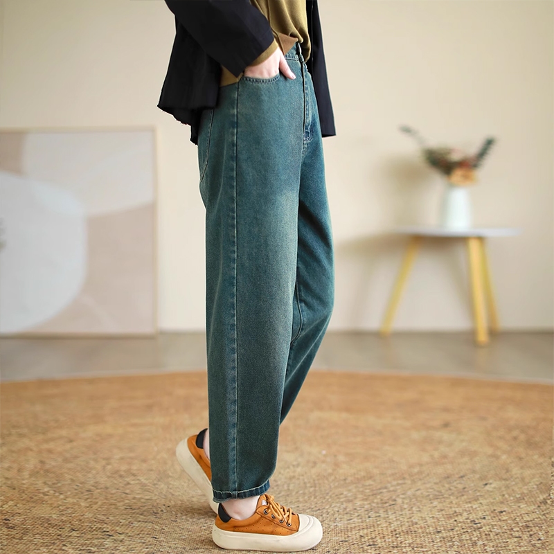 Quần baggy denim basic KAMAKA  lưng thun khuy cài kiểu bạc gối - NU9314