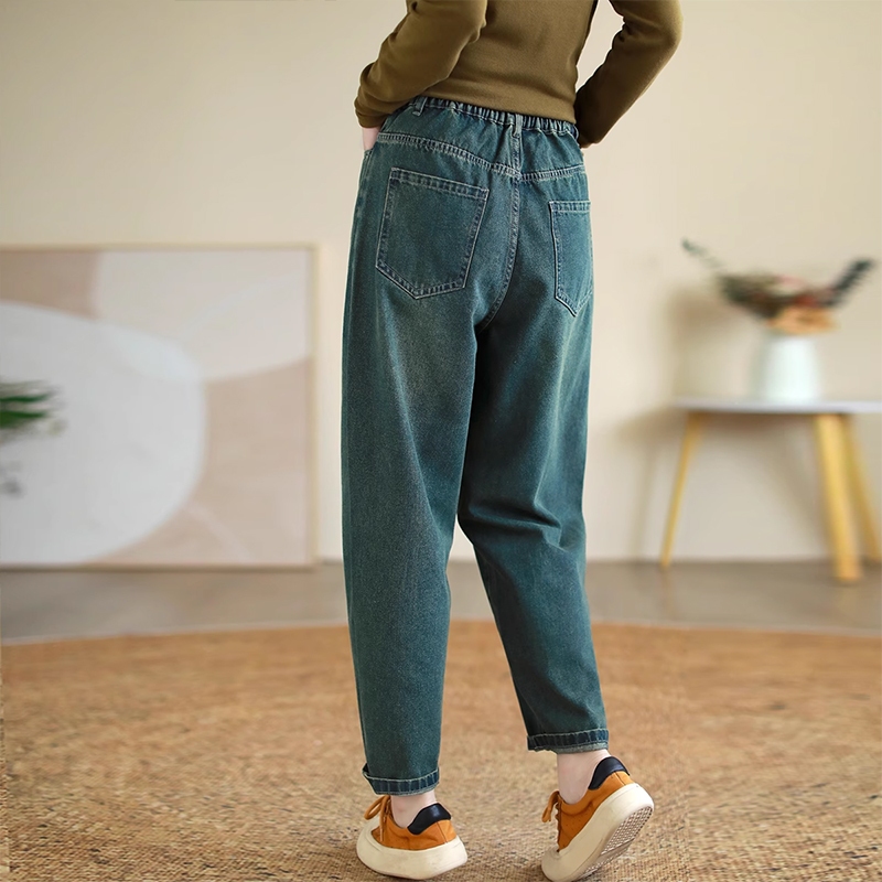 Quần baggy denim basic KAMAKA  lưng thun khuy cài kiểu bạc gối - NU9314