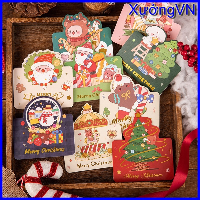 Tấm Thiệp giáng sinh, thẻ quà tặng Noel Mini phụ kiện treo trang trí in hình ông già Noel, cây thông, tuần Lộc đáng yêu