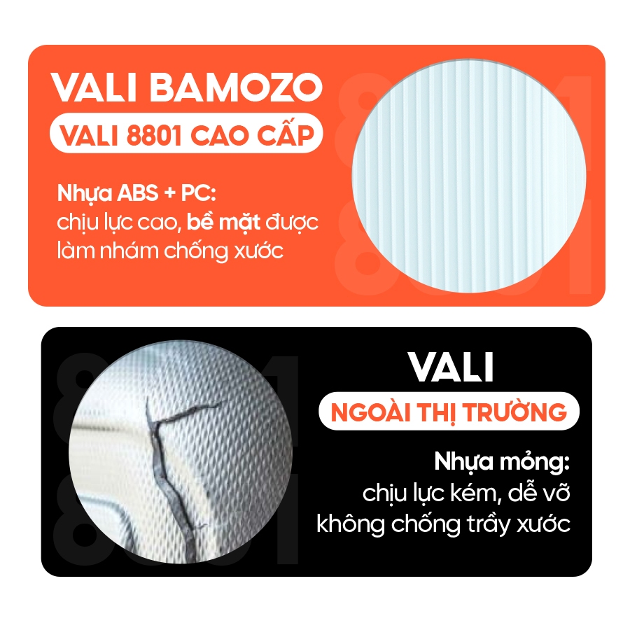 Vali Du Lịch Bamozo 8801 Size 24 Chất Liệu Nhựa ABS+PC Cao Cấp Bền Đẹp Bảo Hành 5 Năm - Lỗi 1 Đổi 1 Trong 30 Ngày