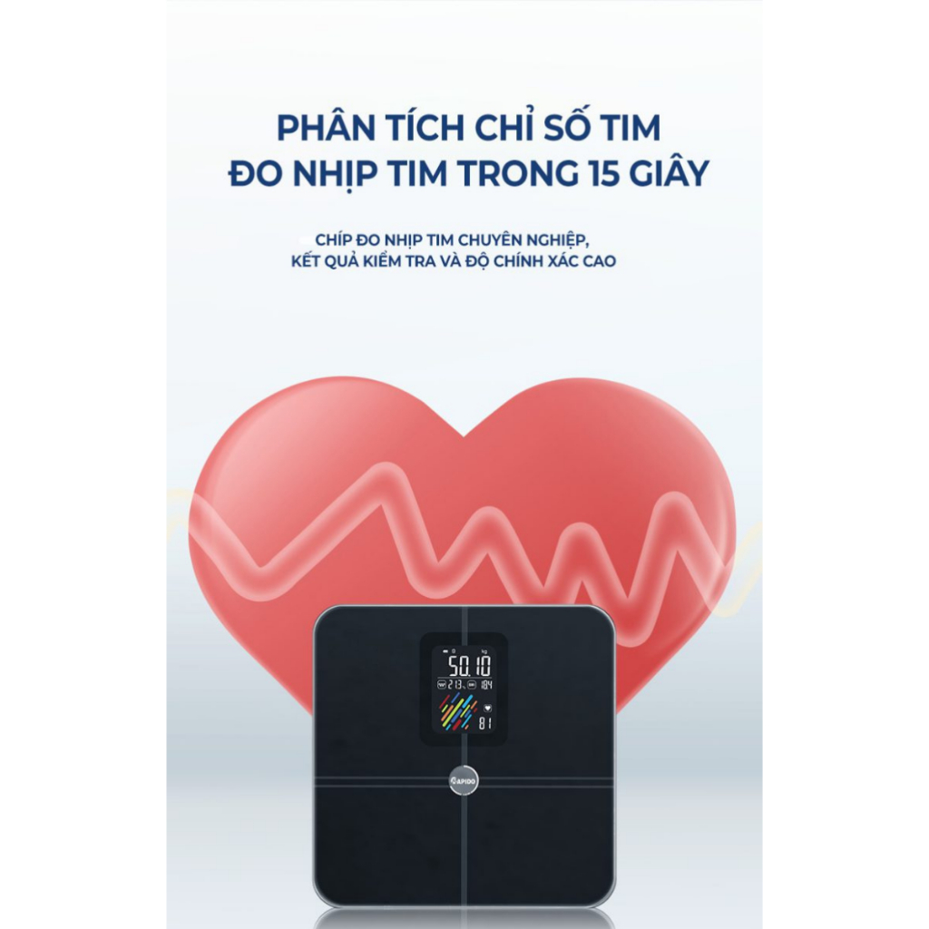 Cân điện tử sức khỏe thông minh Rapido RSB05–BS kết nối bluetooth, đo 21 chỉ số, bảo hành 12 tháng