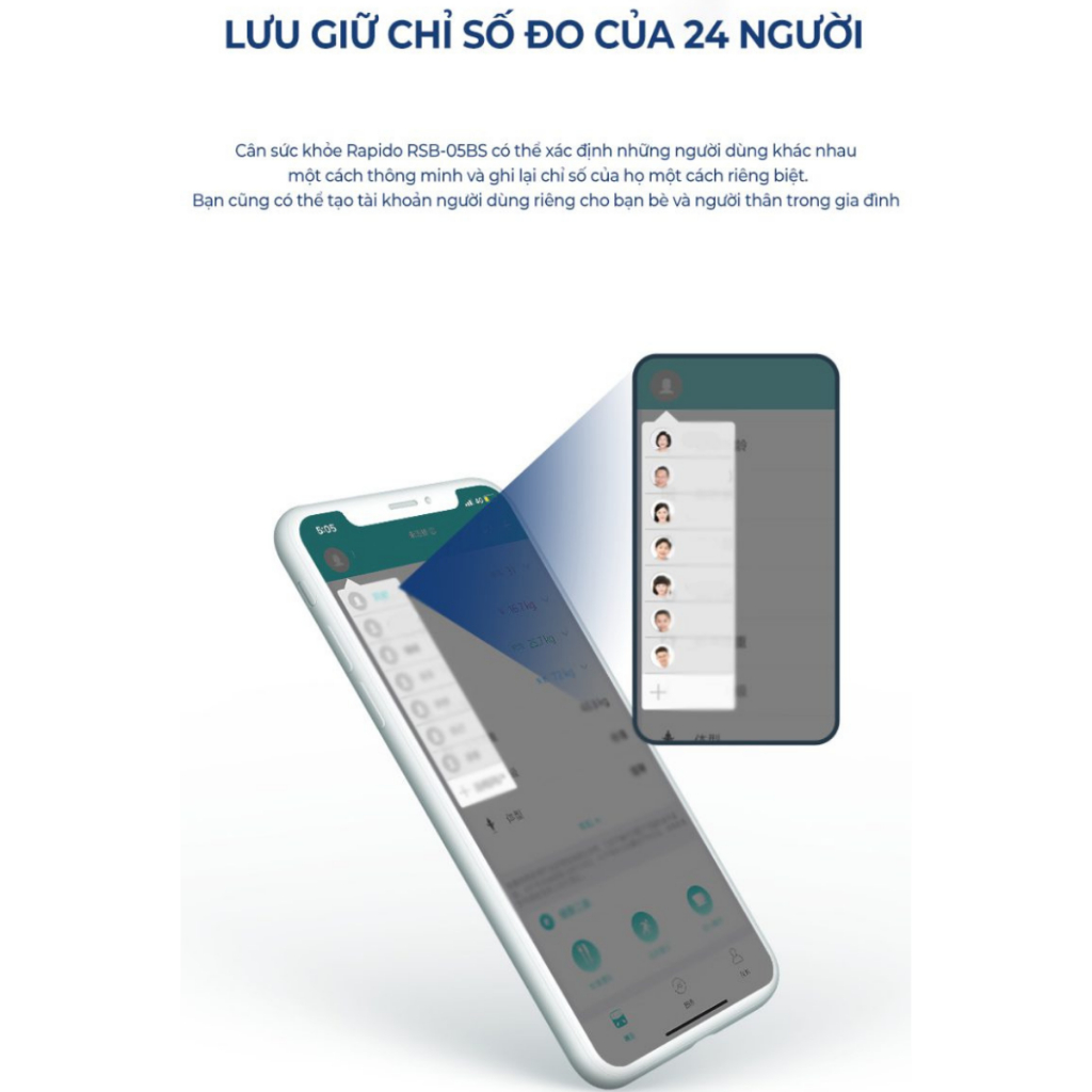 Cân điện tử sức khỏe thông minh Rapido RSB05–BS kết nối bluetooth, đo 21 chỉ số, bảo hành 12 tháng