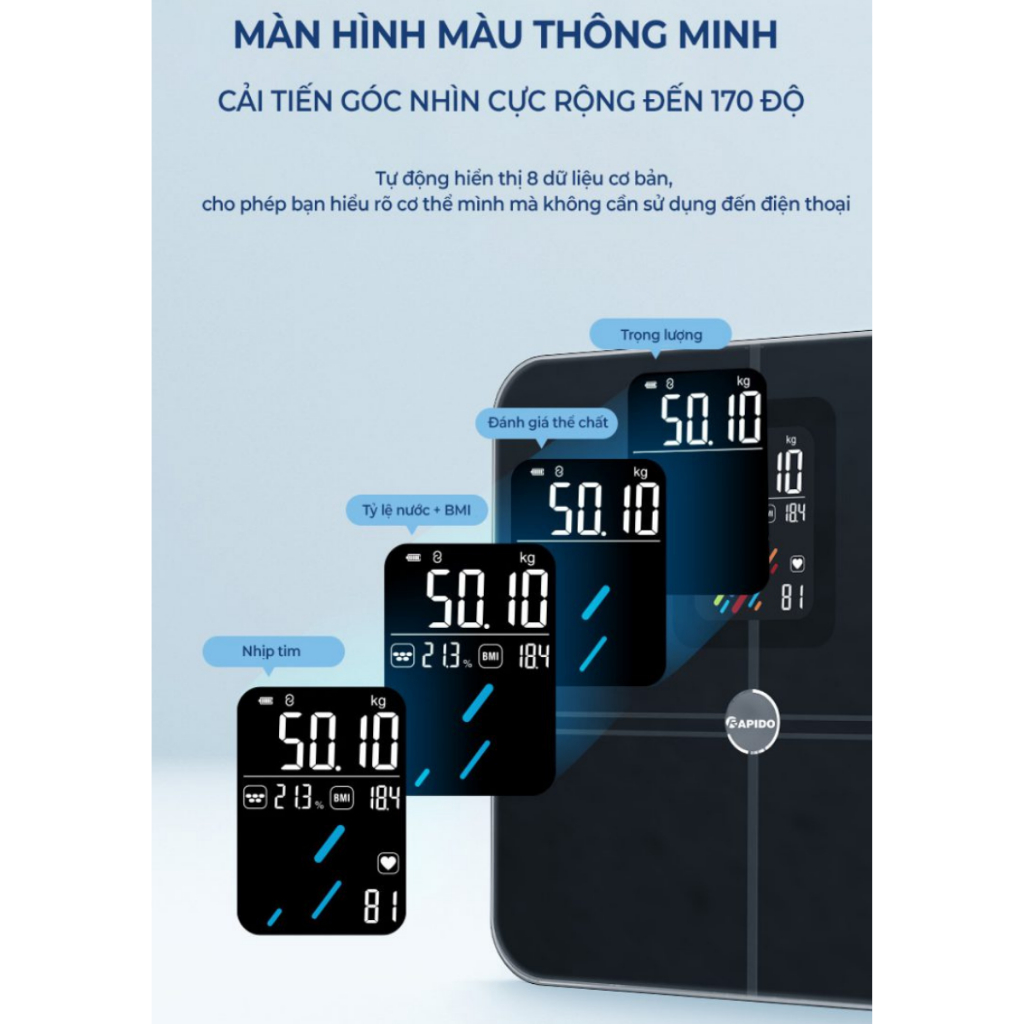 Cân điện tử sức khỏe thông minh Rapido RSB05–BS kết nối bluetooth, đo 21 chỉ số, bảo hành 12 tháng