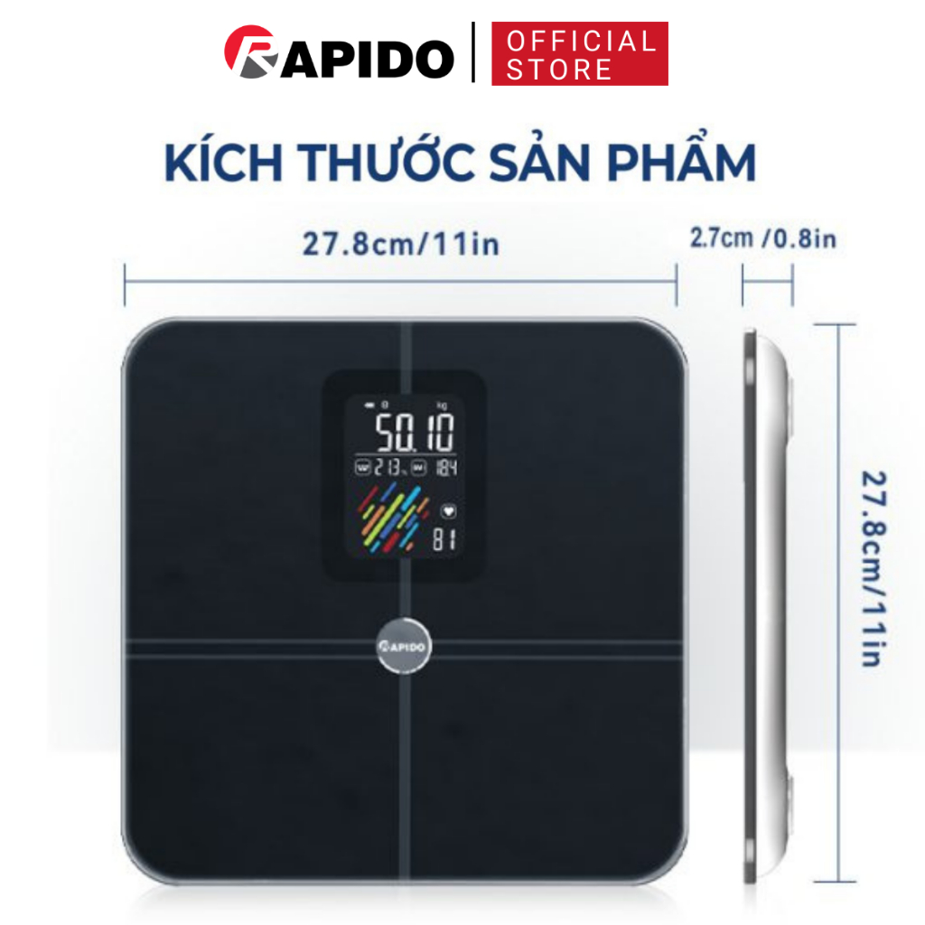 Cân điện tử sức khỏe thông minh Rapido RSB05–BS kết nối bluetooth, đo 21 chỉ số, bảo hành 12 tháng
