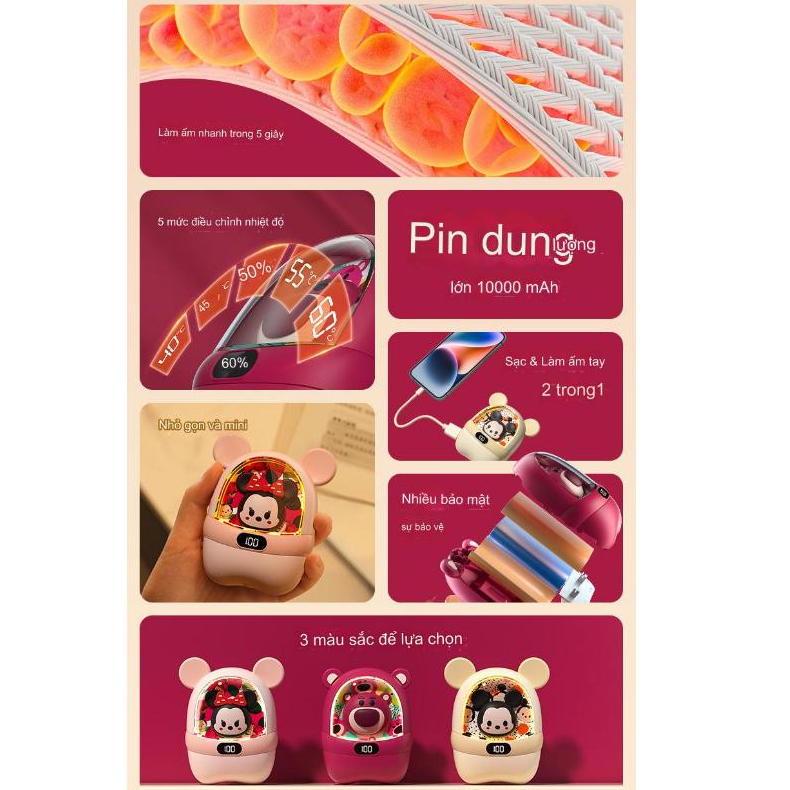 Máy sưởi mini cầm tay Disney kiêm sạc dự phòng 10.000mah - Quà noel, quà sinh nhật ý nghĩa cho người thương