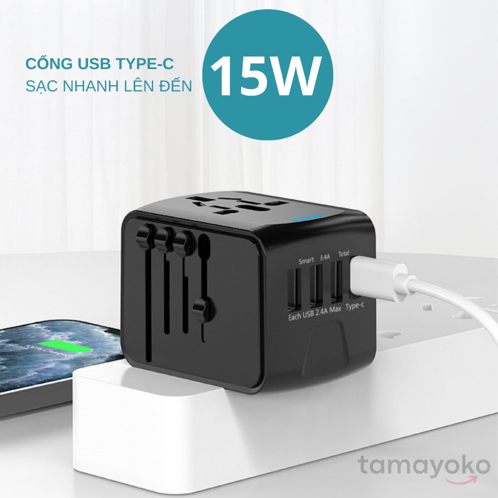 Ổ cắm điện Tamayoko sạc nhanh 15W Type C + USB cắm tải 1500W cho điện thoại/máy tính/ thiết bị gia dụng cỡ nhỏ
