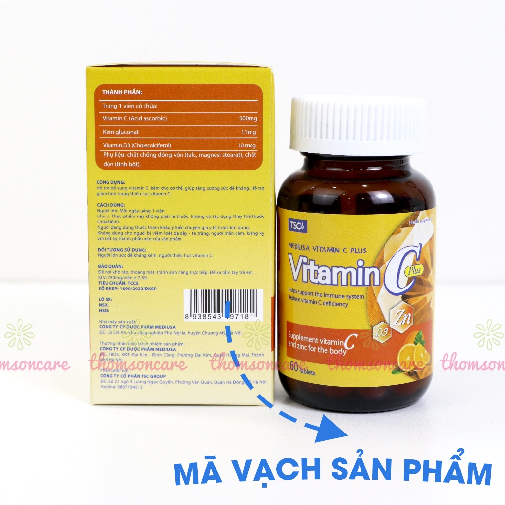 Vitamin C có kẽm Mediusa giúp trắng da, ngừa mụn, tăng đề kháng- Bổ sung vtm C - Hộp 60v Thomsoncare
