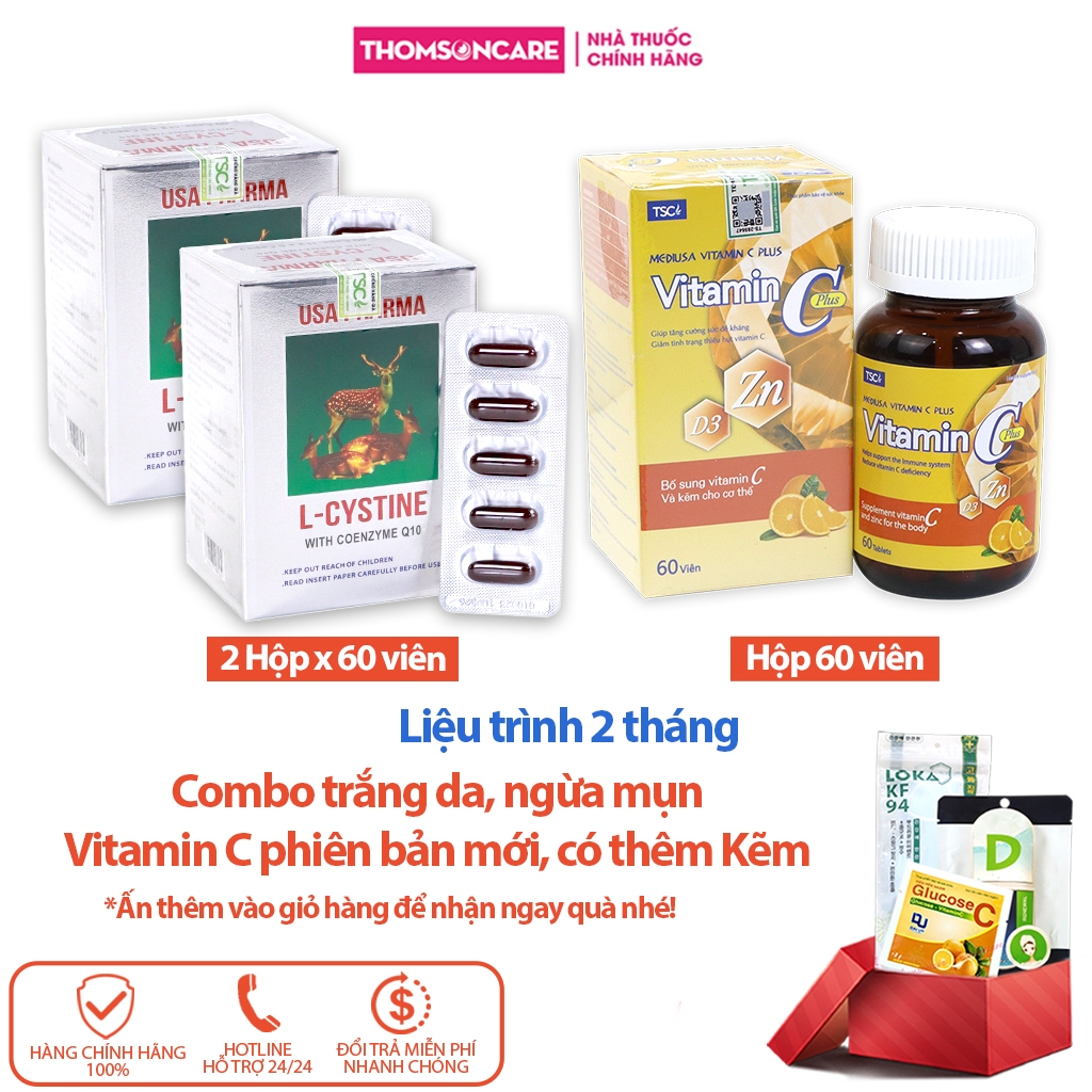 Combo trắng da Lcystine Vitamin C có thêm Kẽm Mediusa Liệu trình 2 tháng - giúp đẹp da, ngừa mụn lsystine - Thomsoncare