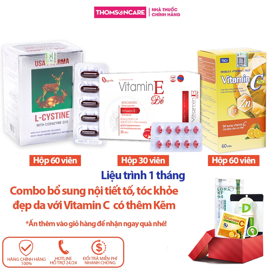 Combo nội tiết tố Lcystine 60v, Vitamin E đỏ vỉ Sano 30v, Vitamin C có kẽm Mediusa 60v (liệu trình 1 tháng) Thomsoncare