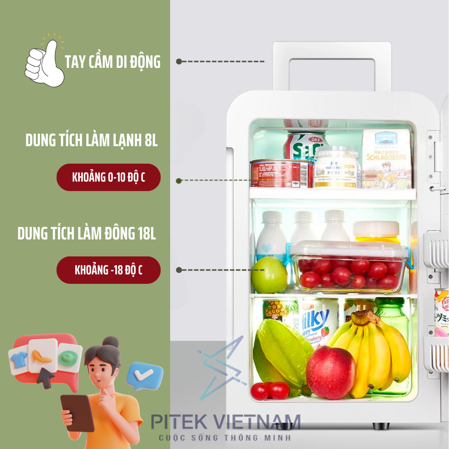 Tủ lạnh mini 2 cửa HUYNDAI có ngăn đá trữ đông bảo quản sữa, mỹ phẩm, nước hoa dung tích 26L - Pitek
