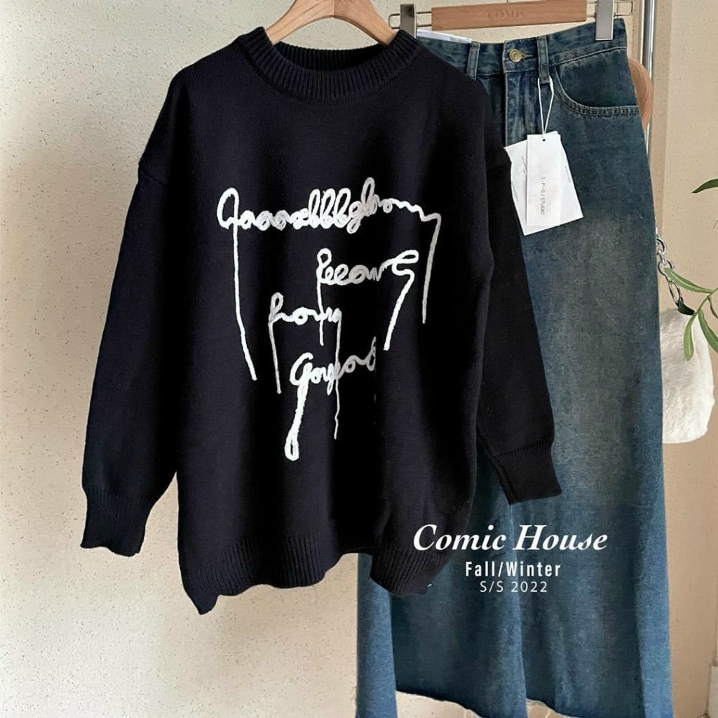 Áo Sweater len thêu chữ dáng rộng, Áo len QC dài tay thêu chữ kiểu dáng Basic