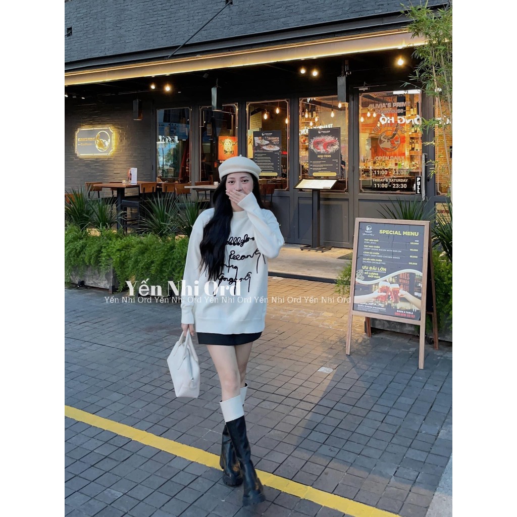 Áo Sweater len thêu chữ dáng rộng, Áo len QC dài tay thêu chữ kiểu dáng Basic