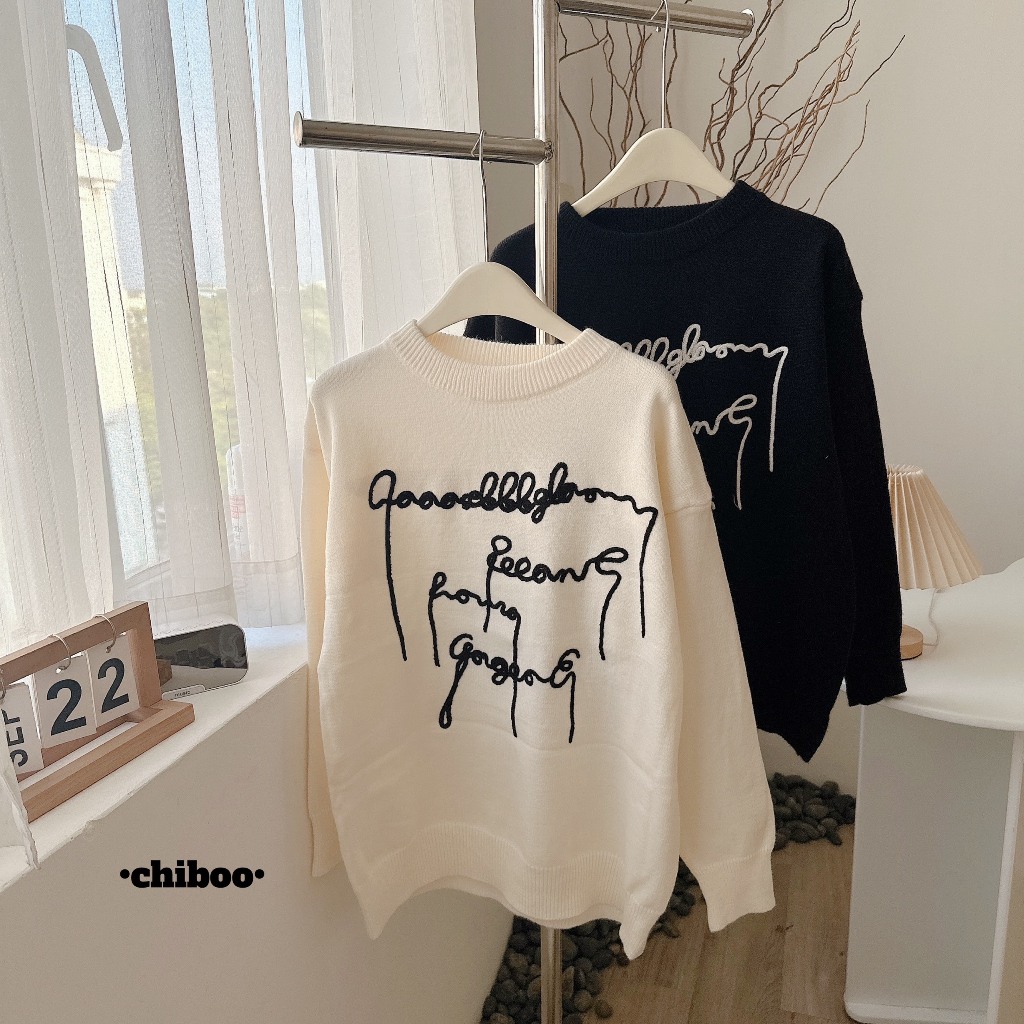 Áo Sweater len thêu chữ dáng rộng, Áo len QC dài tay thêu chữ kiểu dáng Basic