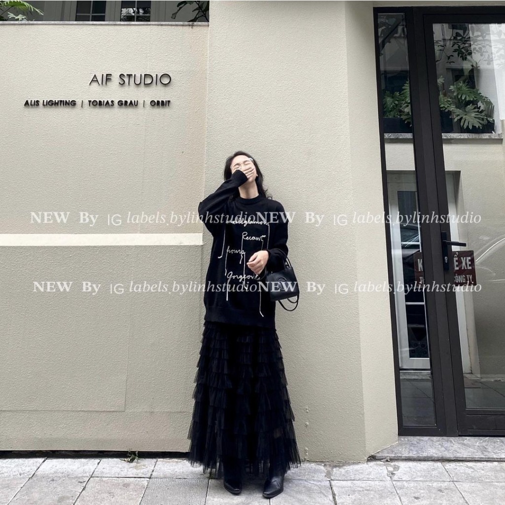 Áo Sweater len thêu chữ dáng rộng, Áo len QC dài tay thêu chữ kiểu dáng Basic