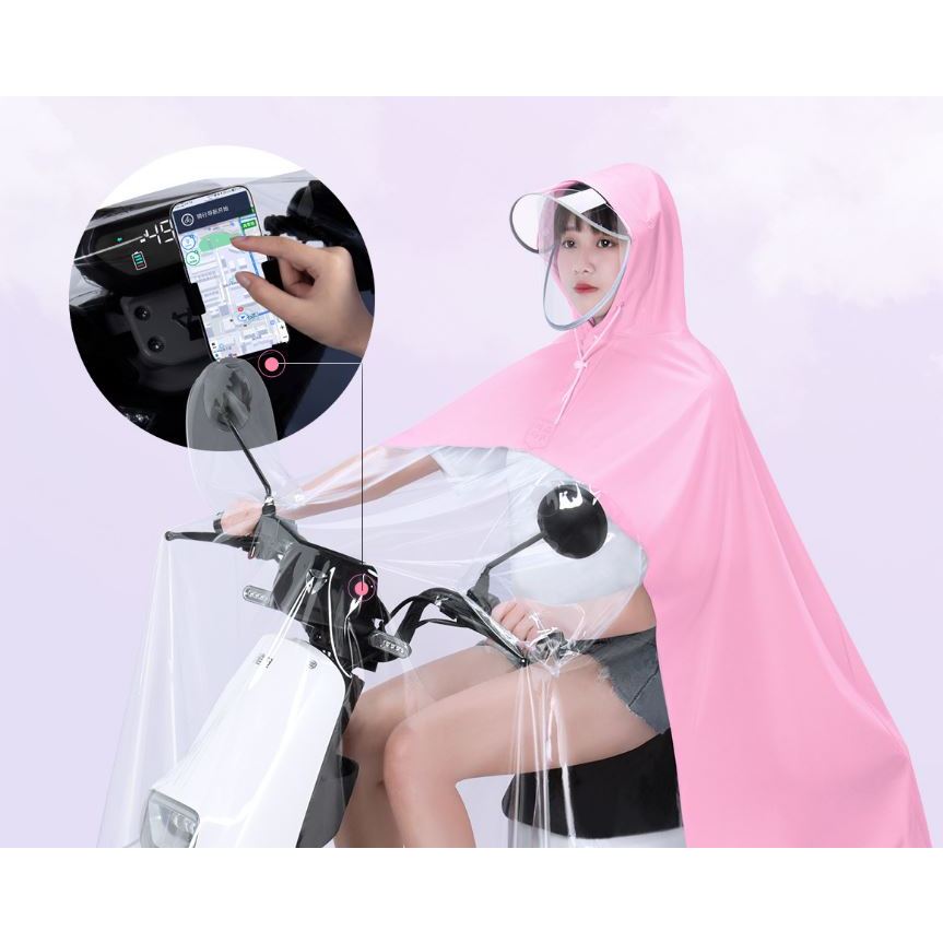 Áo Mưa Đi Xe Máy Nửa Trước Trong suốt có kính che mặt,Có Tai Thỏ Cho mẹ và Bé thiết kế thời trang cánh dơi 1 đầu + 2